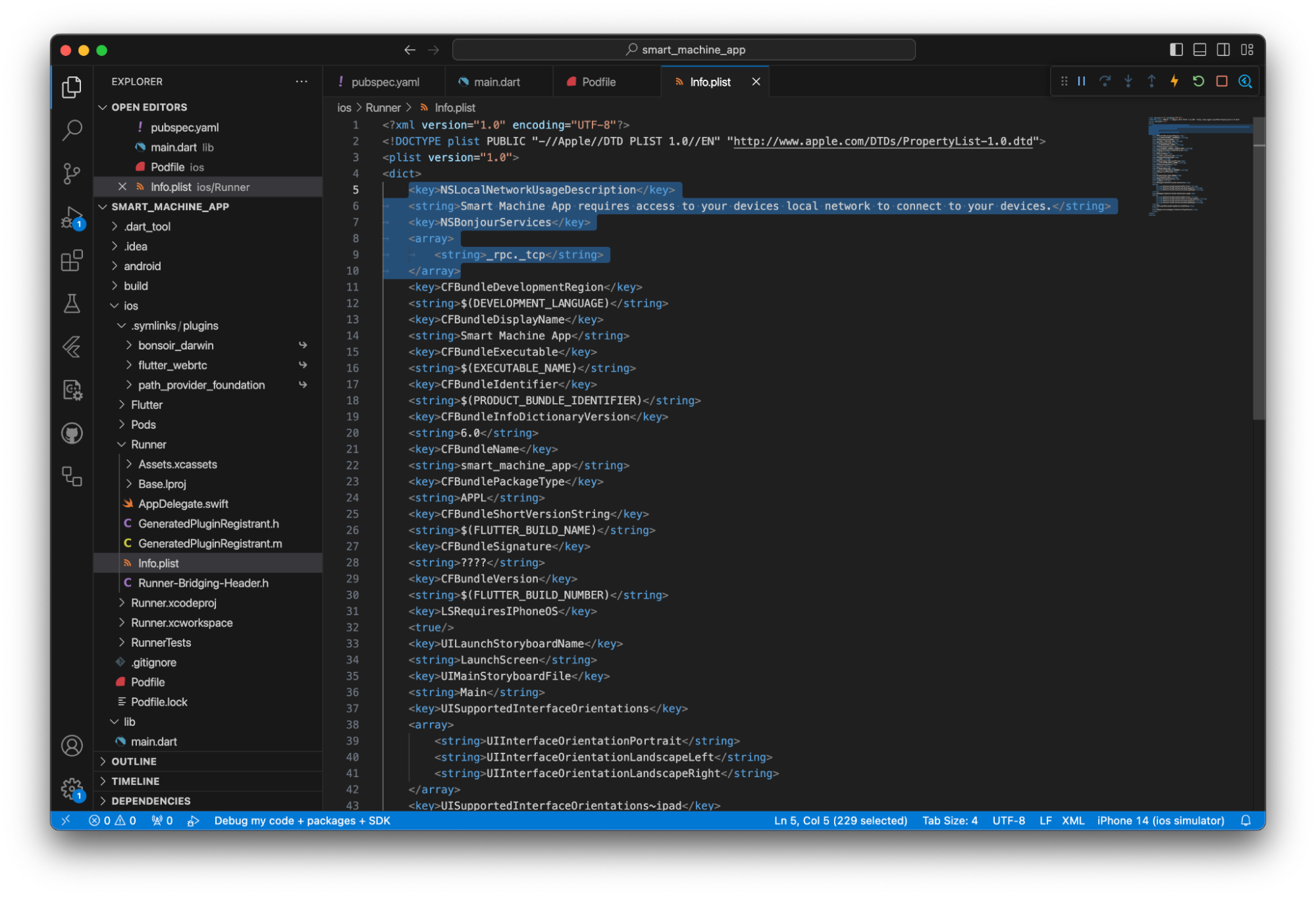 The resulting file. After the non-indented <dict> tag on the fourth line, the pasted key, string, key, and array (containing an indented string) are indented inside the dict tag, spanning lines five through ten. The pasted content is at the same level of indentation as the rest of the keys and strings below it.